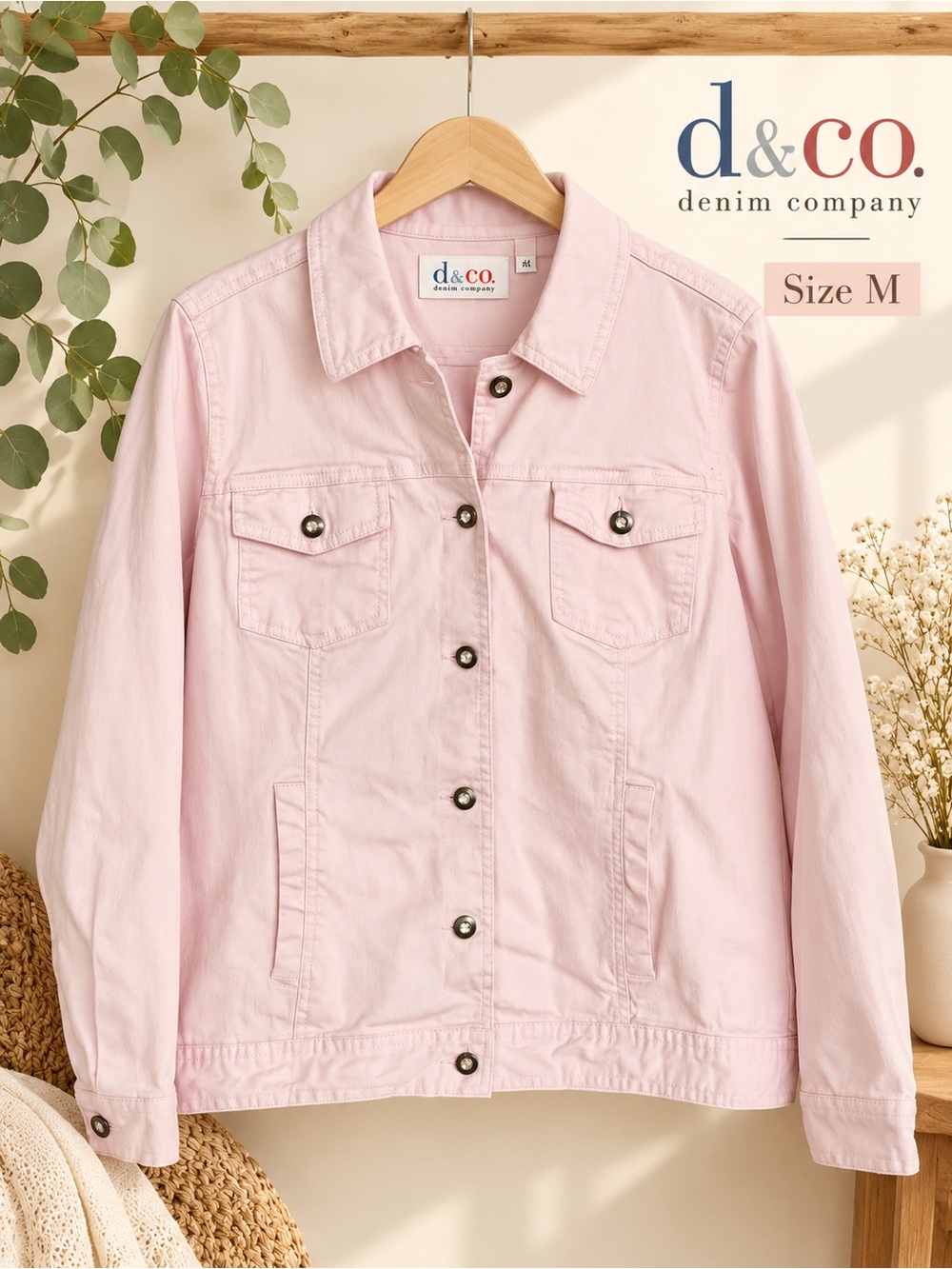 d&co. Pink Denim Jacket Women’s Size M Button Front Casual Jean Jacket